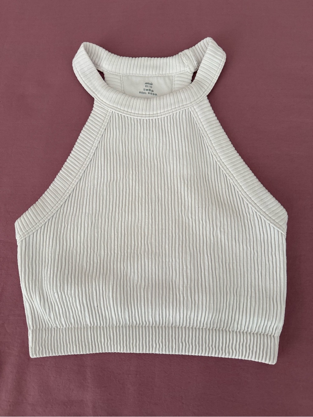 Aerie Superchill White Ribbed High Neck Halter Crop Bra Top XS